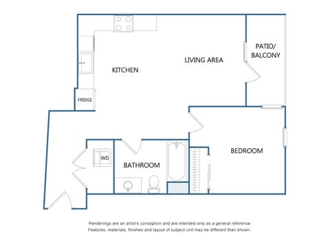 Floor plan for 1 bed, 1 bath, 668 sqft